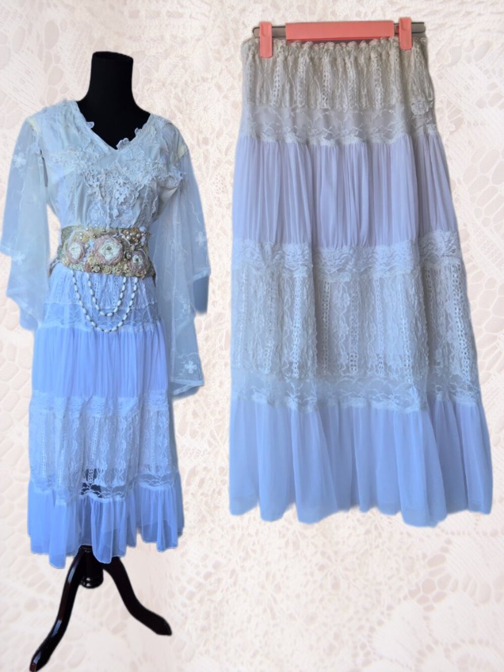 Y2k White Lace and Mesh Maxi Skirt Fairycore Romantic Beach Vacation Small